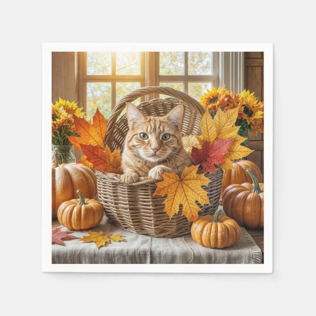 Ginger Cat in Autumn Basket Napkin (Front)
