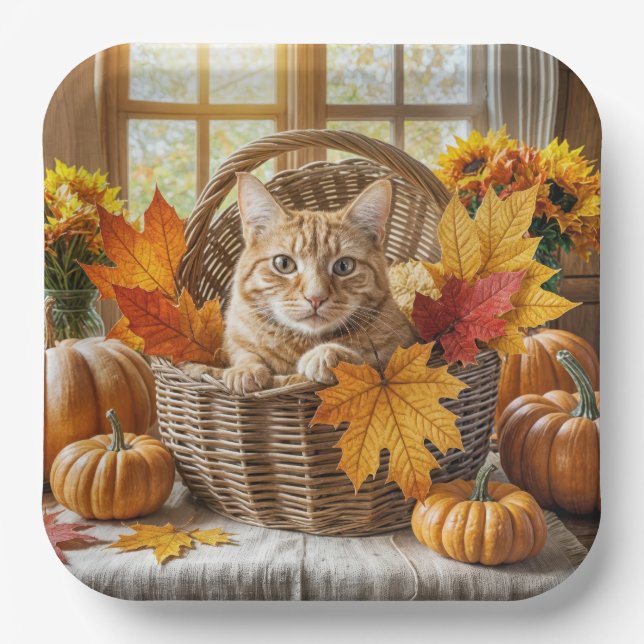 Ginger Cat in Autumn Basket Paper Plate (Front)