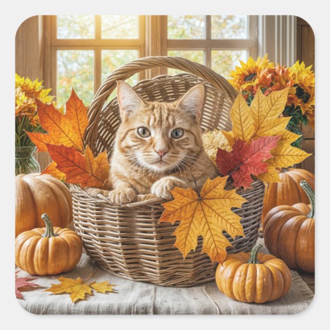 Ginger Cat in Autumn Basket Square Sticker (Front)