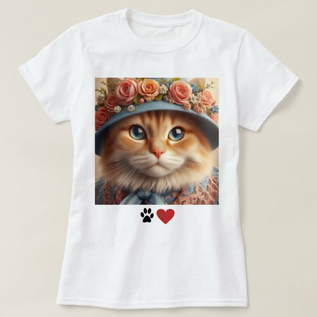 Ginger Cat in Blue Hat with Flowers  Cat Lover  T-Shirt (Design Front)