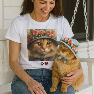 Ginger Cat in Blue Hat with Flowers  Cat Lover  T-Shirt