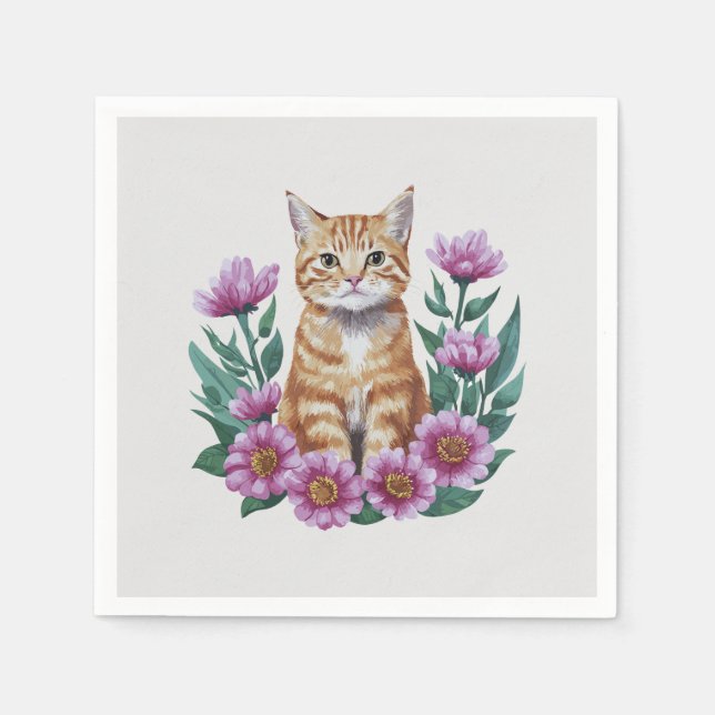 Ginger cat in flowers napkin (Front)