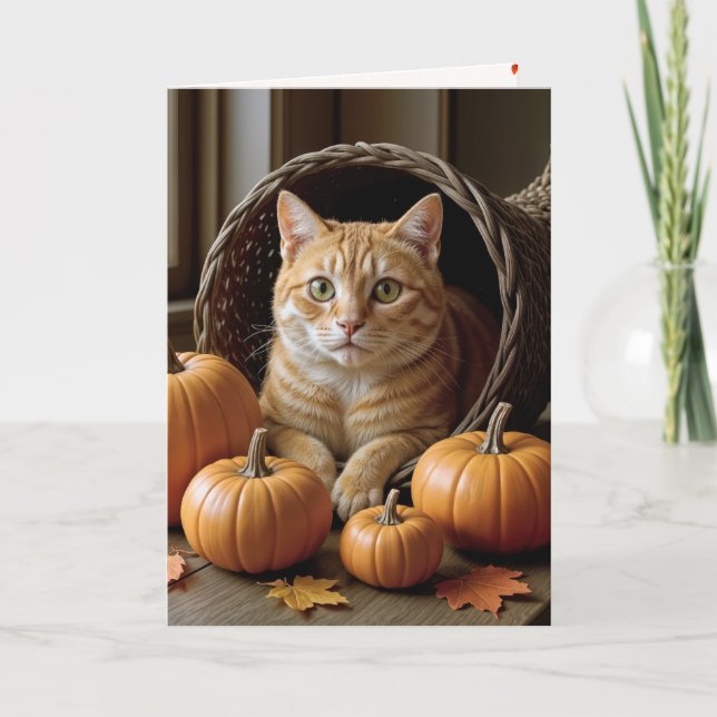 Ginger Cat in Thanksgiving Cornucopia Holiday Card (Front)