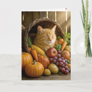Ginger Cat in Thanksgiving Cornucopia Holiday Card