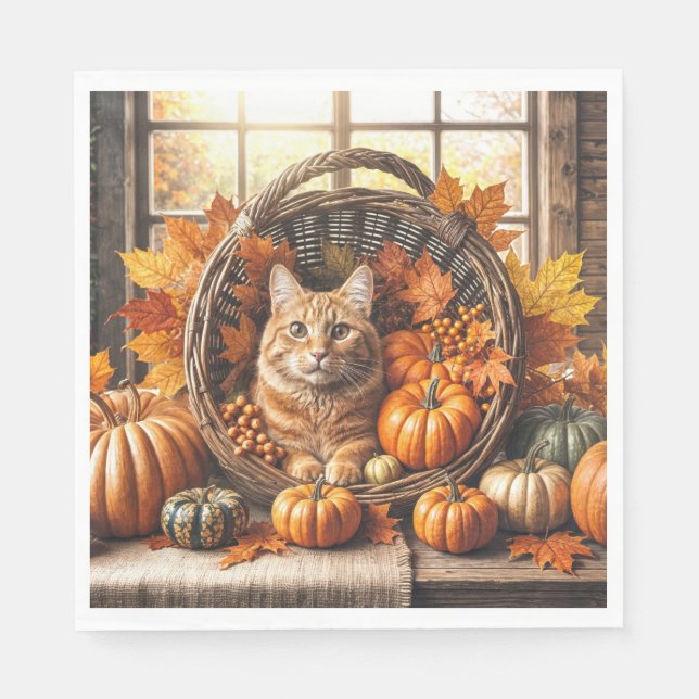 Ginger Cat in Thanksgiving Cornucopia Napkin (Front)