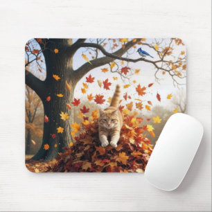 Ginger Cat Leaping Out of Autumn Leaf Pile Mouse Mat