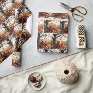 Ginger Cat Leaping Out of Autumn Leaf Pile Wrapping Paper