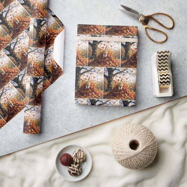 Ginger Cat Leaping Out of Autumn Leaf Pile Wrapping Paper (Crafts)