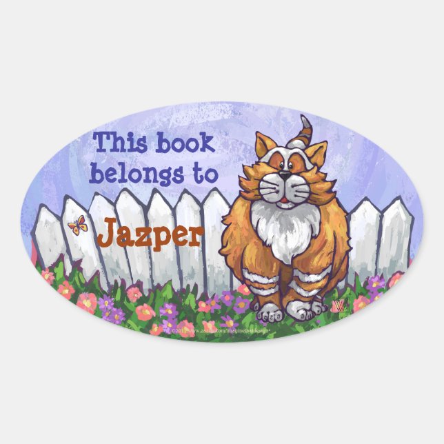 Ginger Cat Library Bookplate Oval Sticker (Front)