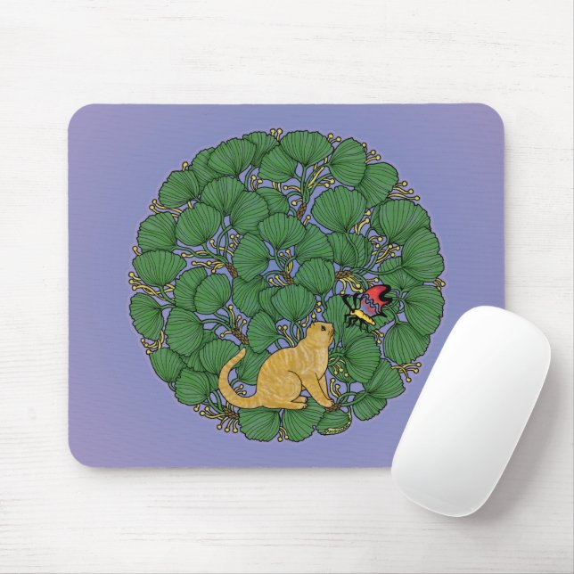 Ginger cat looks at a butterfly mouse mat (With Mouse)