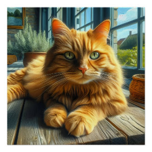 Ginger Cat Lounging on a Table By a Window Poster