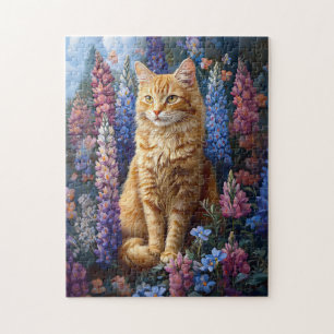 Ginger Cat Lupine Field Painting Jigsaw Puzzle