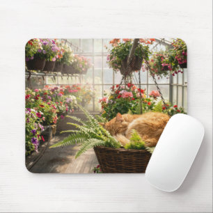 Ginger Cat Napping in Hanging Fern Basket Mouse Mat