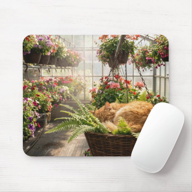 Ginger Cat Napping in Hanging Fern Basket Mouse Mat (With Mouse)