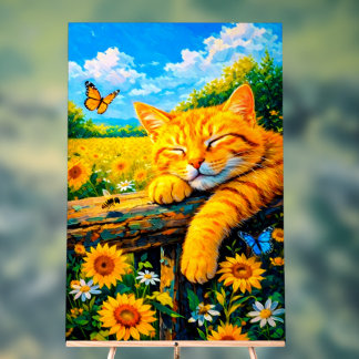 Ginger cat napping peacefully on rustic wood fence acrylic sign