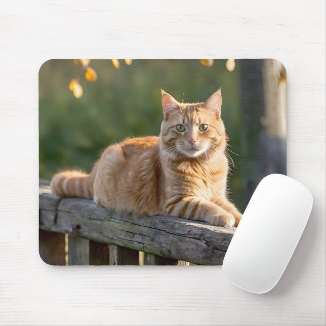 Ginger Cat On a Rustic Fence Mouse Mat (With Mouse)