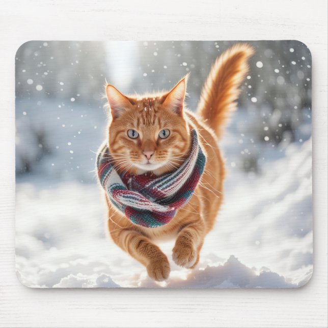 Ginger Cat On Snow Mouse Mat (Front)