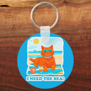 Ginger Cat on the Beach I Need the Sea Summer Key Ring