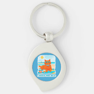 Ginger Cat on the Beach I Need the Sea Summer Key Ring