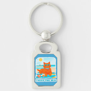 Ginger Cat on the Beach I Need the Sea Summer Key Ring