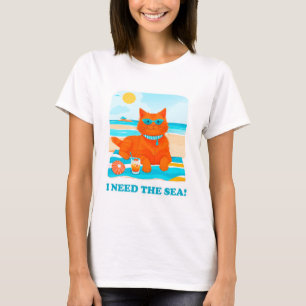 Ginger Cat on the Beach I Need the Sea Summer T-Shirt