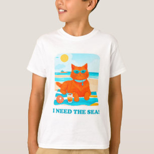 Ginger Cat on the Beach I Need the Sea Summer T-Shirt