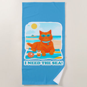Ginger Cat on the Beach I Need the Sea Summer Towel