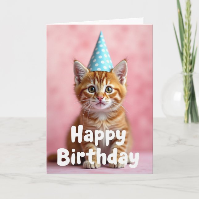 Ginger Cat Party Hat Birthday Card (Front)