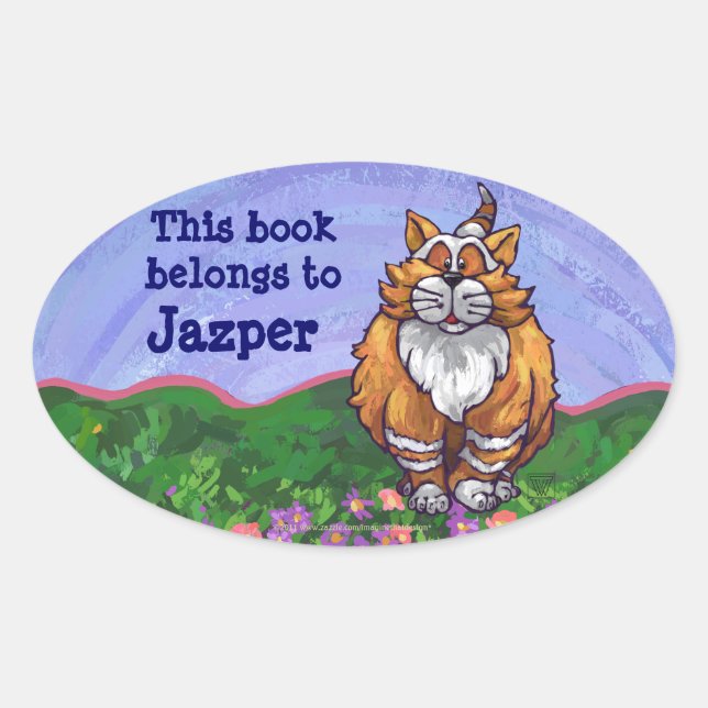 Ginger Cat Personal Bookplate Oval Sticker (Front)