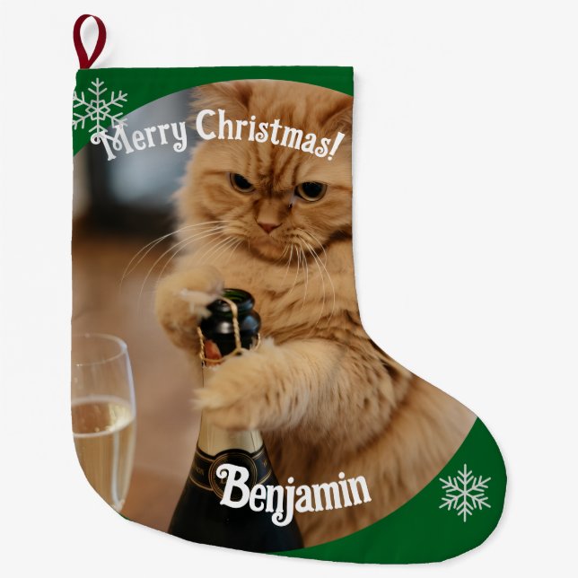 Ginger Cat Photo Names Customize Personalized Large Christmas Stocking (Front)