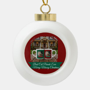 Ginger cat, Photo Text Customize ,Meowy Christmas, Ceramic Ball Christmas Ornament