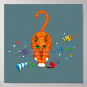 Ginger cat playing with Party items at New Year Poster