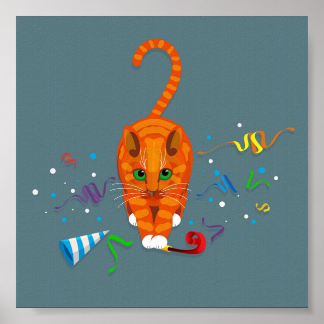 Ginger cat playing with Party items at New Year Poster (Front)