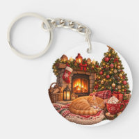 Ginger Cat Sleeping by Fireplace Christmas Clipart