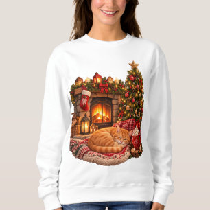 Ginger Cat Sleeping by Fireplace Christmas Clipart Sweatshirt