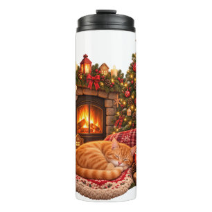 Ginger Cat Sleeping by Fireplace Christmas Clipart Thermal Tumbler