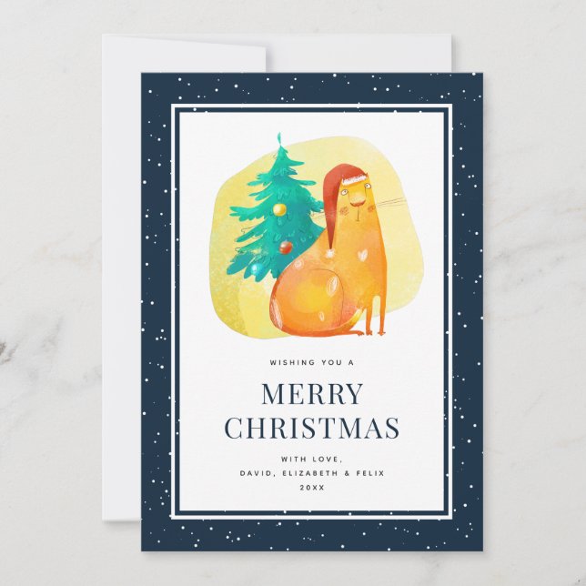 Ginger Cat Tree Snow Blue Merry Christmas Card (Front)