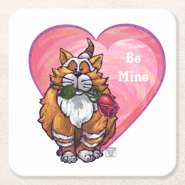 Ginger Cat Valentine's Day Square Paper Coaster (Front)