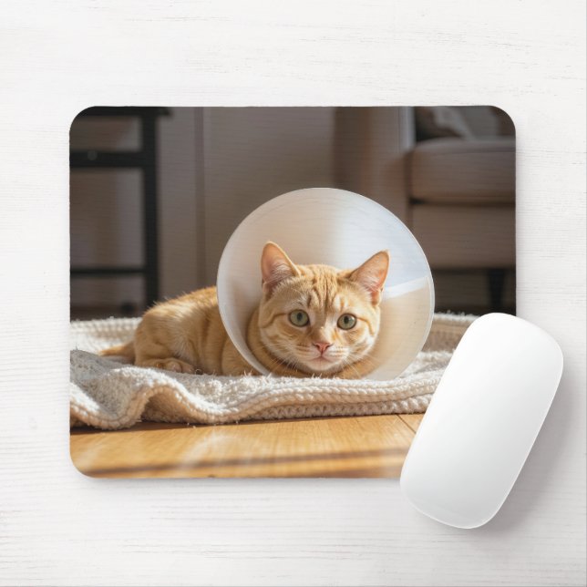 Ginger Cat Wearing a Cone of Shame Mouse Mat (With Mouse)