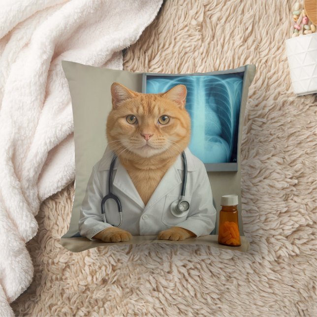 Ginger Cat Wearing a Doctor Lab Coat Cushion (Blanket)