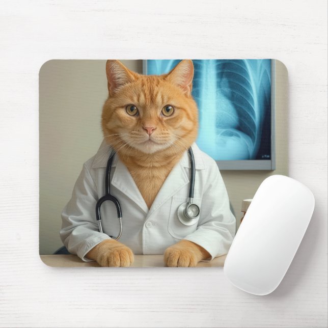 Ginger Cat Wearing a Doctor Lab Coat Mouse Mat (With Mouse)