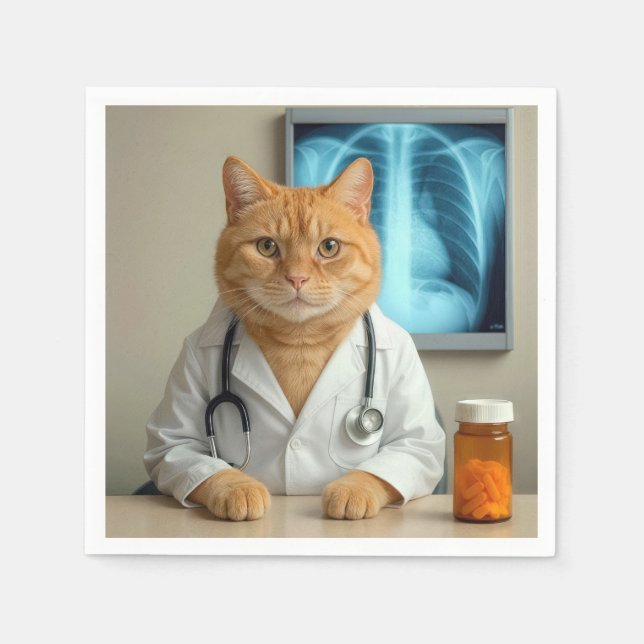Ginger Cat Wearing a Doctor Lab Coat Napkin (Front)