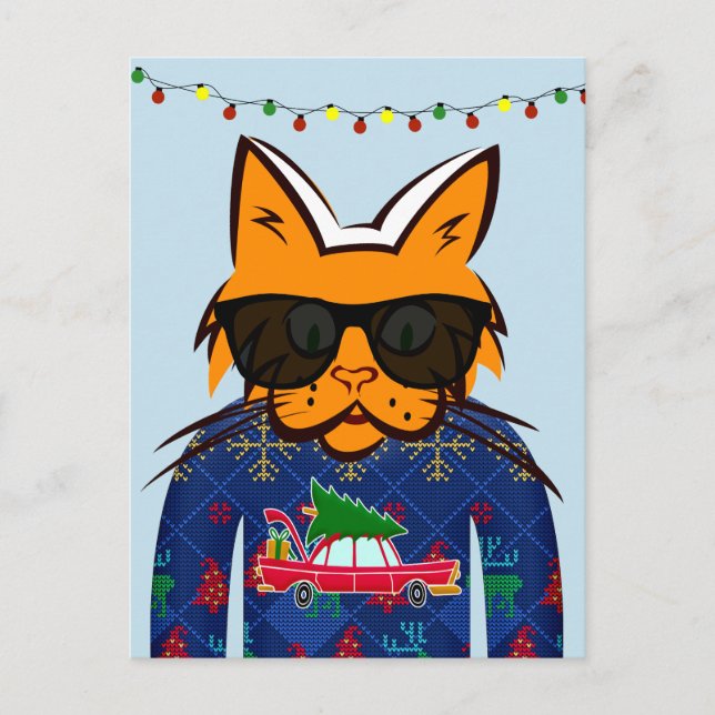 GINGER CAT WEARING CHRISTMAS SWEATER POSTCARDS (Front)