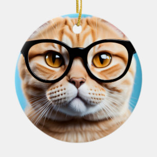 Ginger Cat Wearing Glasses Ceramic Tree Decoration