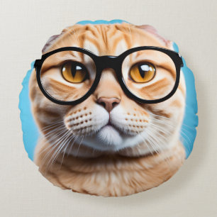 Ginger Cat Wearing Glasses Round Cushion