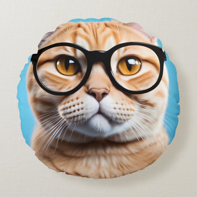 Ginger Cat Wearing Glasses Round Cushion (Front)