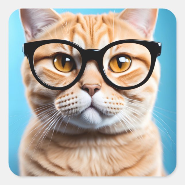 Ginger Cat Wearing Glasses Square Sticker (Front)