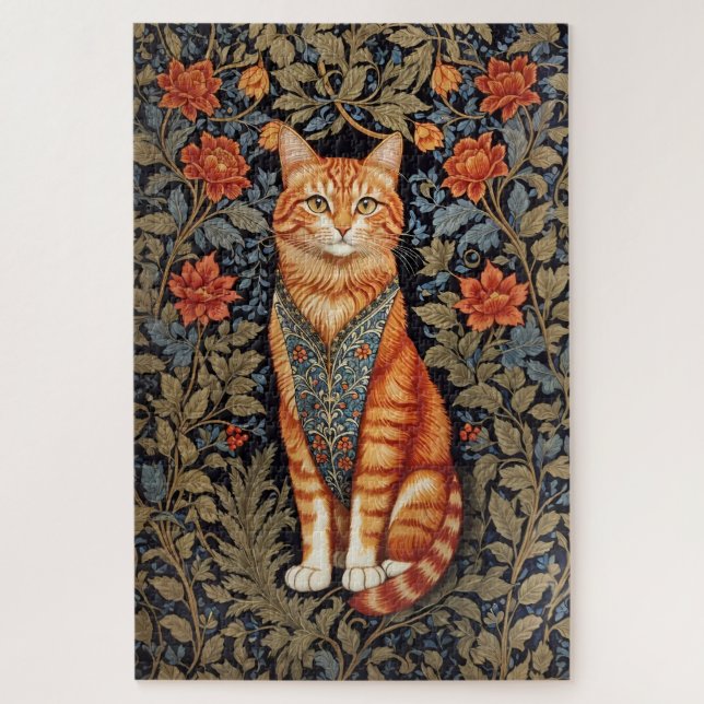Ginger Cat William Morris Inspired Floral Jigsaw Puzzle (Vertical)