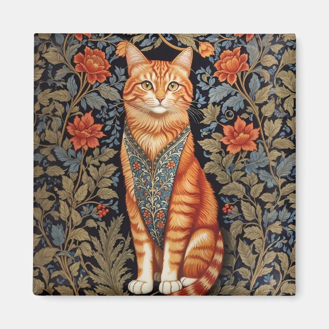 Ginger Cat William Morris Inspired Floral Magnet (Front)