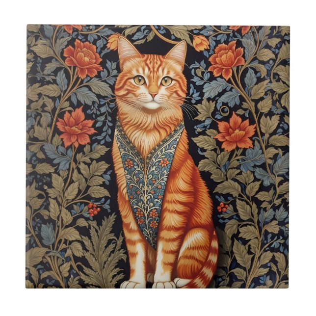 Ginger Cat William Morris Inspired Floral Tile (Front)